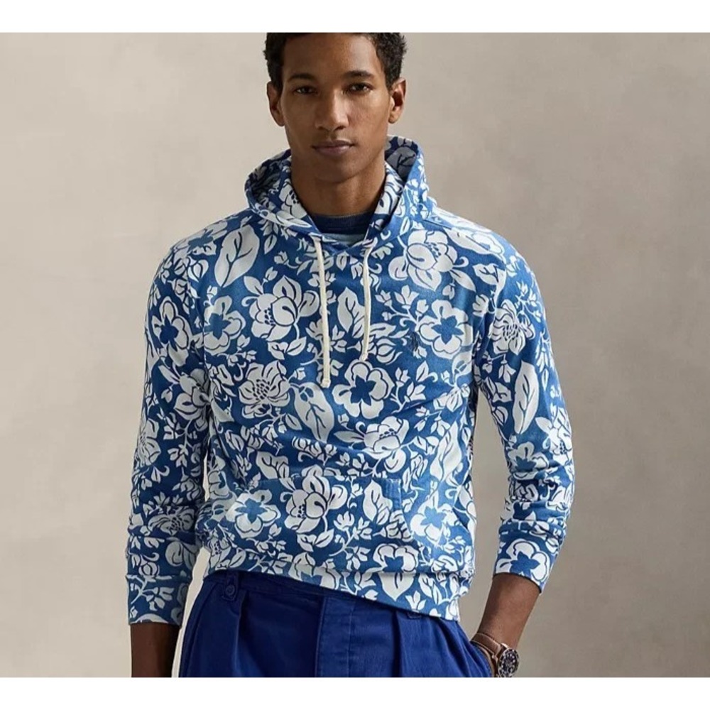 Polo Ralph Lauren Floral Spa Terry Hoodie Men Small Blue Hawaiian Aloha Pony NWT